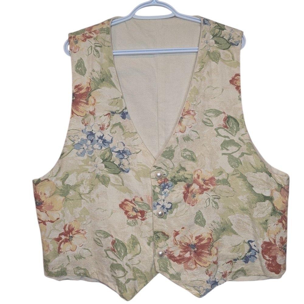 Vintage Floral Linen Vest Cottagecore Pearl Button Waistcoat XL